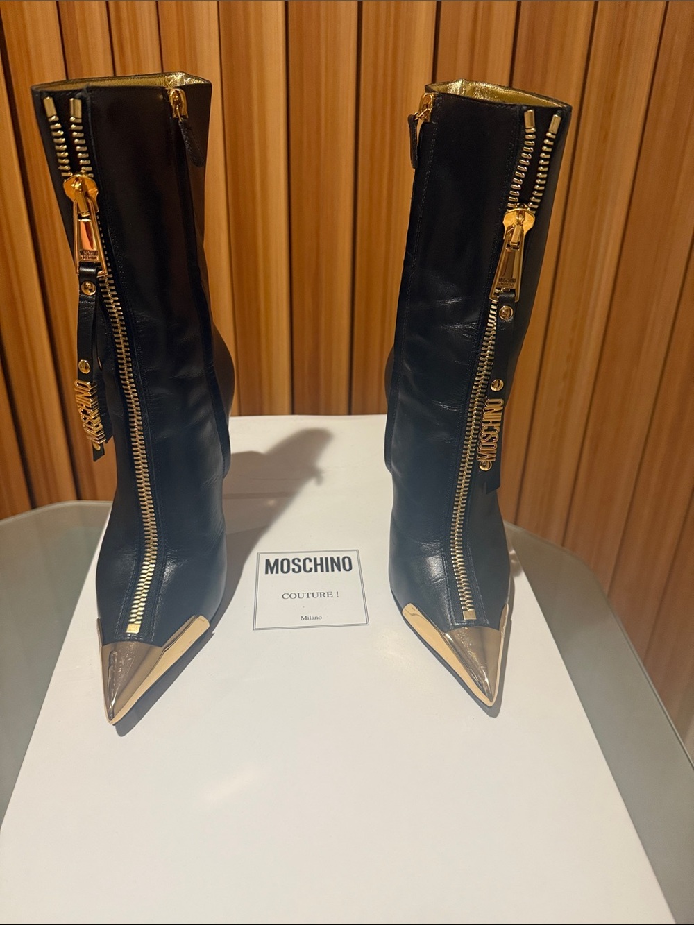 Moschino Black Leather Pointed Toe Mid-Calf Boots with Gold Accents